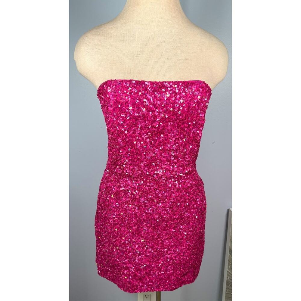 RETROFETE Heather Sequin Embellished Strapless Pink Mini Dress Size Medium - Picture 4 of 12